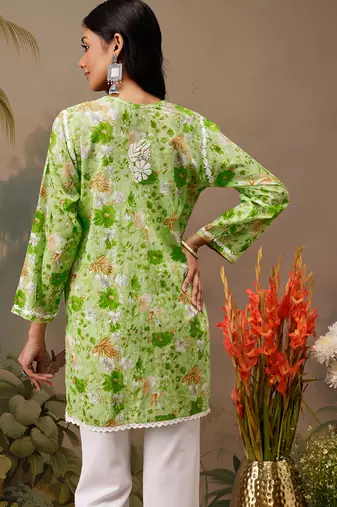 Hand embroidered floral printed green cotton lucknowi chikankari short kurti