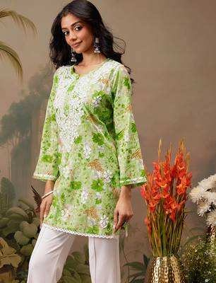 Hand embroidered floral printed green cotton lucknowi chikankari short kurti 3