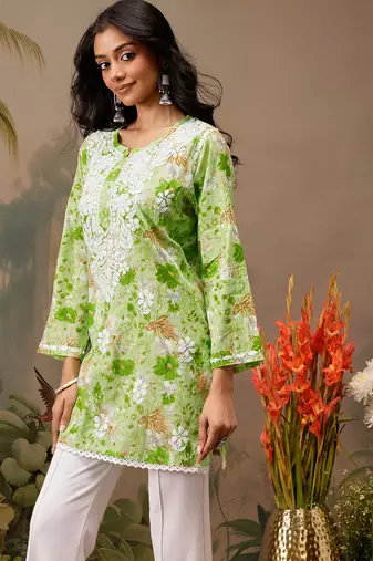 Hand embroidered floral printed green cotton lucknowi chikankari short kurti