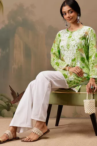 Hand embroidered floral printed green cotton lucknowi chikankari short kurti