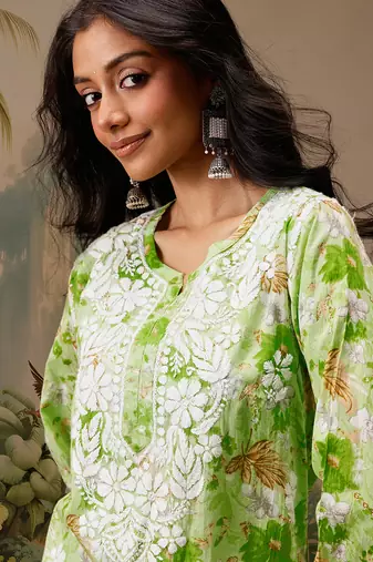 Hand embroidered floral printed green cotton lucknowi chikankari short kurti