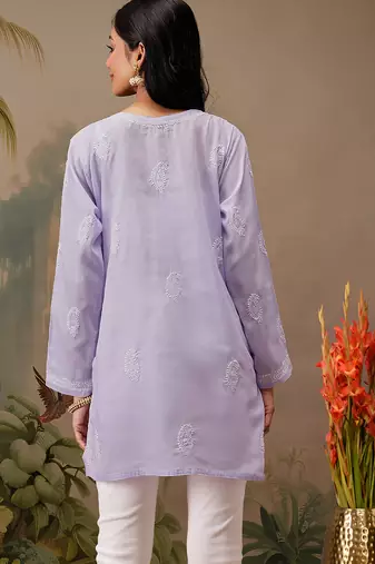 Hand embroidered mauve cotton lucknowi chikankari short kurti