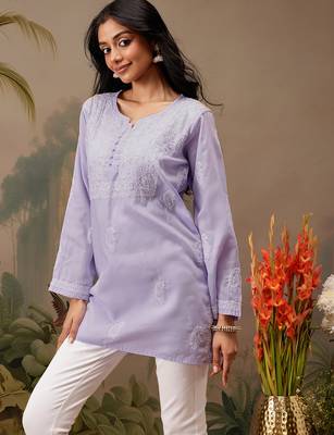 Hand embroidered mauve cotton lucknowi chikankari short kurti 3