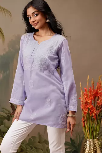Hand embroidered mauve cotton lucknowi chikankari short kurti