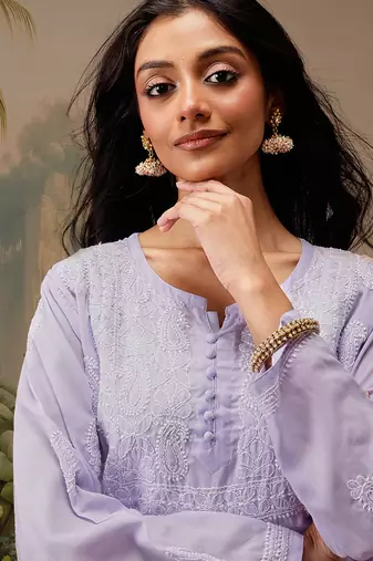 Hand embroidered mauve cotton lucknowi chikankari short kurti