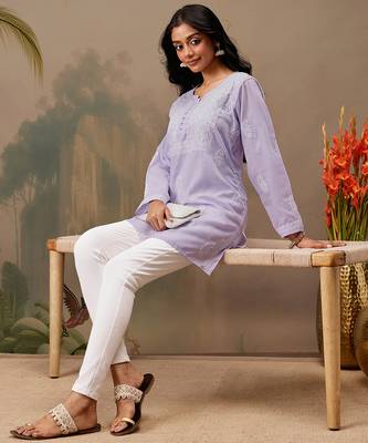 Hand embroidered mauve cotton lucknowi chikankari short kurti 5
