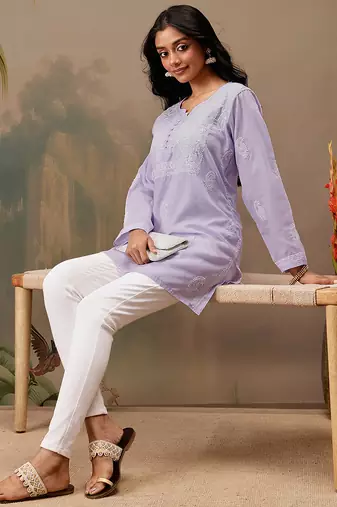 Hand embroidered mauve cotton lucknowi chikankari short kurti