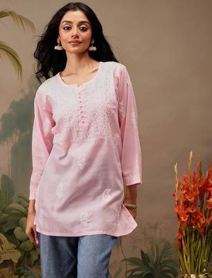 Hand embroidered pink cotton lucknowi chikankari short kurti 1