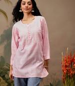 Hand embroidered pink cotton lucknowi chikankari short kurti
