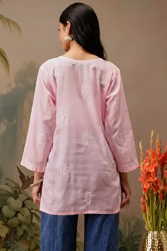 Hand embroidered pink cotton lucknowi chikankari short kurti