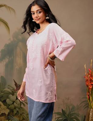 Hand embroidered pink cotton lucknowi chikankari short kurti 3