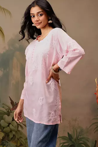 Hand embroidered pink cotton lucknowi chikankari short kurti
