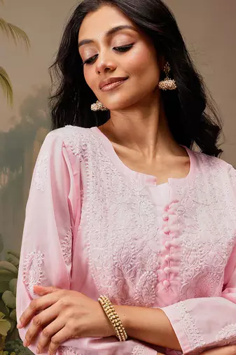 Hand embroidered pink cotton lucknowi chikankari short kurti