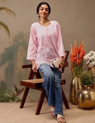 Hand embroidered pink cotton lucknowi chikankari short kurti 5