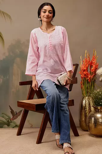 Hand embroidered pink cotton lucknowi chikankari short kurti