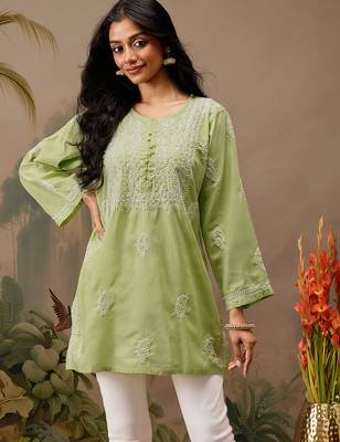 Hand embroidered green cotton lucknowi chikankari short kurti 1