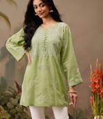 Hand embroidered green cotton lucknowi chikankari short kurti
