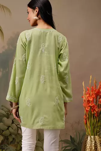 Hand embroidered green cotton lucknowi chikankari short kurti