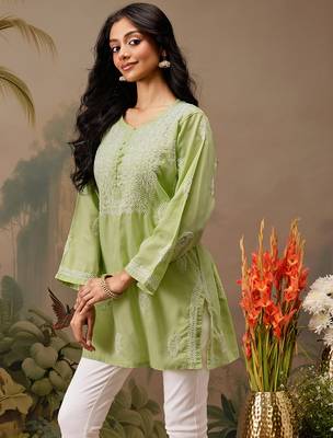 Hand embroidered green cotton lucknowi chikankari short kurti 3