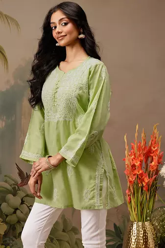 Hand embroidered green cotton lucknowi chikankari short kurti