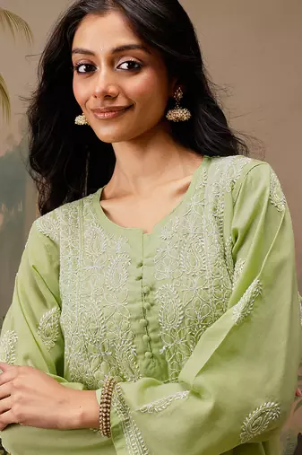 Hand embroidered green cotton lucknowi chikankari short kurti