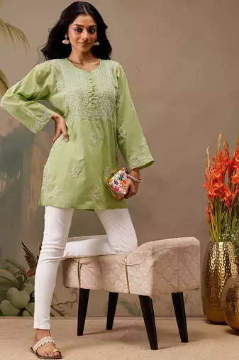 Hand embroidered green cotton lucknowi chikankari short kurti