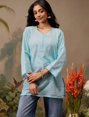 Hand embroidered blue cotton lucknowi chikankari short kurti 1