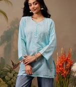 Hand embroidered blue cotton lucknowi chikankari short kurti