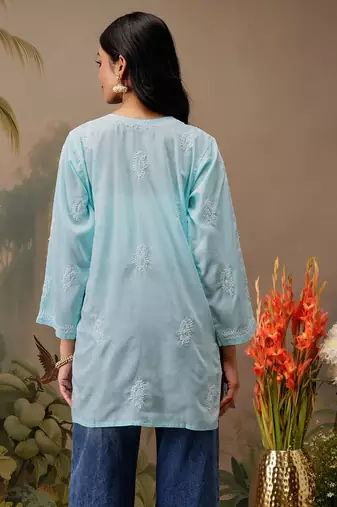 Hand embroidered blue cotton lucknowi chikankari short kurti
