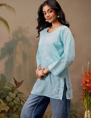 Hand embroidered blue cotton lucknowi chikankari short kurti 3