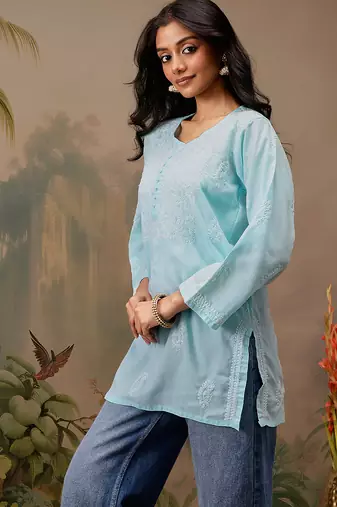 Hand embroidered blue cotton lucknowi chikankari short kurti