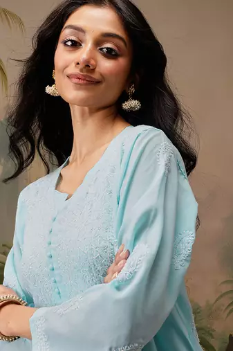 Hand embroidered blue cotton lucknowi chikankari short kurti