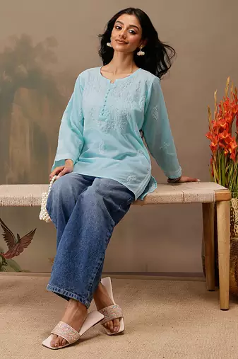 Hand embroidered blue cotton lucknowi chikankari short kurti