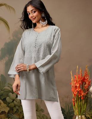 Hand embroidered grey cotton lucknowi chikankari short kurti 1