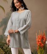 Hand embroidered grey cotton lucknowi chikankari short kurti