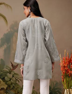 Hand embroidered grey cotton lucknowi chikankari short kurti 2