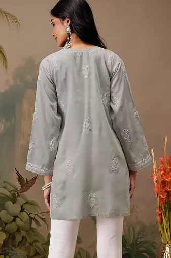 Hand embroidered grey cotton lucknowi chikankari short kurti