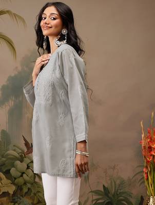 Hand embroidered grey cotton lucknowi chikankari short kurti 3