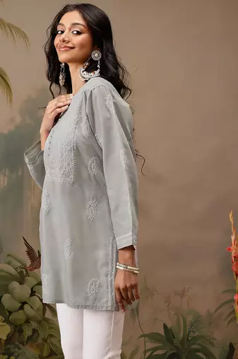 Hand embroidered grey cotton lucknowi chikankari short kurti