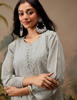 Hand embroidered grey cotton lucknowi chikankari short kurti 4