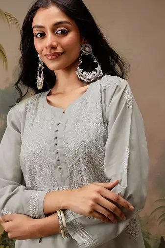 Hand embroidered grey cotton lucknowi chikankari short kurti