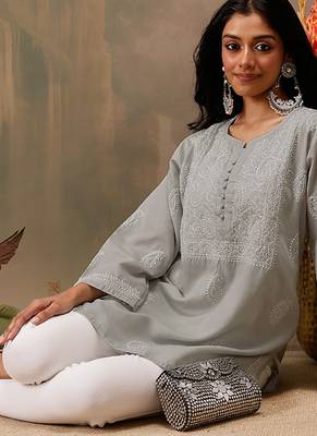 Hand embroidered grey cotton lucknowi chikankari short kurti 5