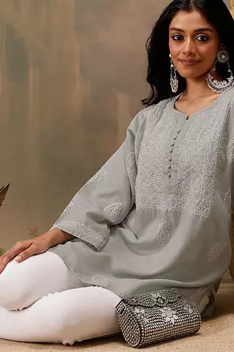 Hand embroidered grey cotton lucknowi chikankari short kurti