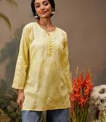 Hand embroidered yellow cotton lucknowi chikankari short kurti