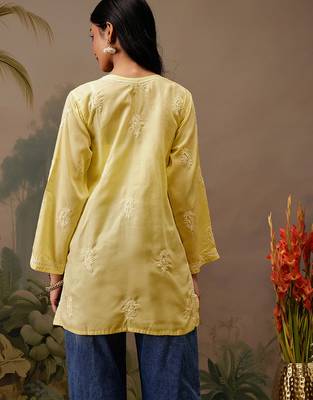 Hand embroidered yellow cotton lucknowi chikankari short kurti 2
