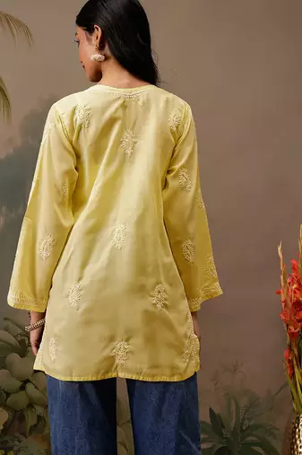 Hand embroidered yellow cotton lucknowi chikankari short kurti