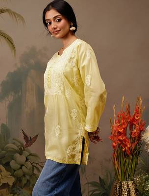 Hand embroidered yellow cotton lucknowi chikankari short kurti 3