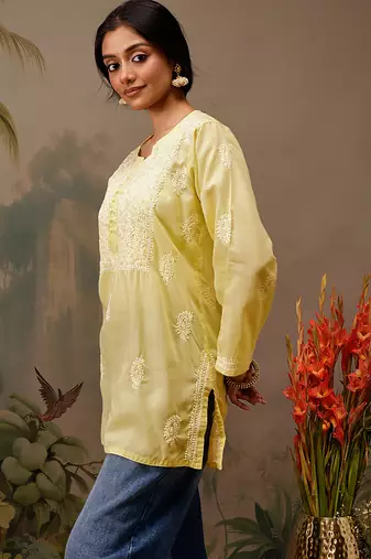 Hand embroidered yellow cotton lucknowi chikankari short kurti