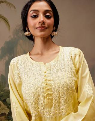 Hand embroidered yellow cotton lucknowi chikankari short kurti 4