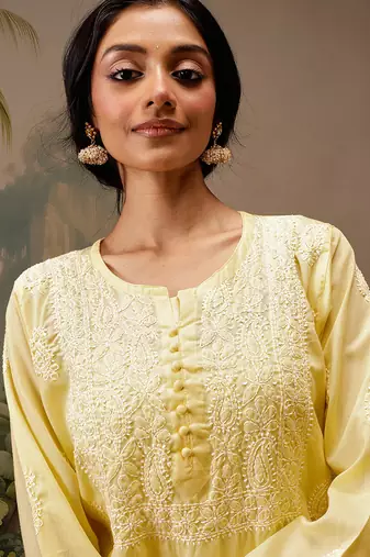 Hand embroidered yellow cotton lucknowi chikankari short kurti